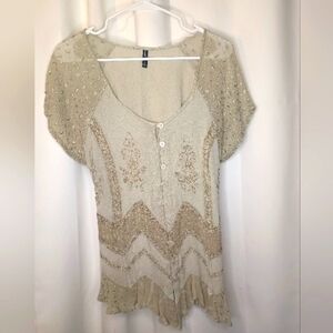 Sacred Threads Embroidered Ruffle Blouse Free Size Button Green Fairy Forest